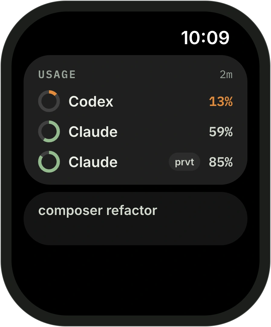 Apple Watch Smart Stack widget design preview listing three logins by remaining usage