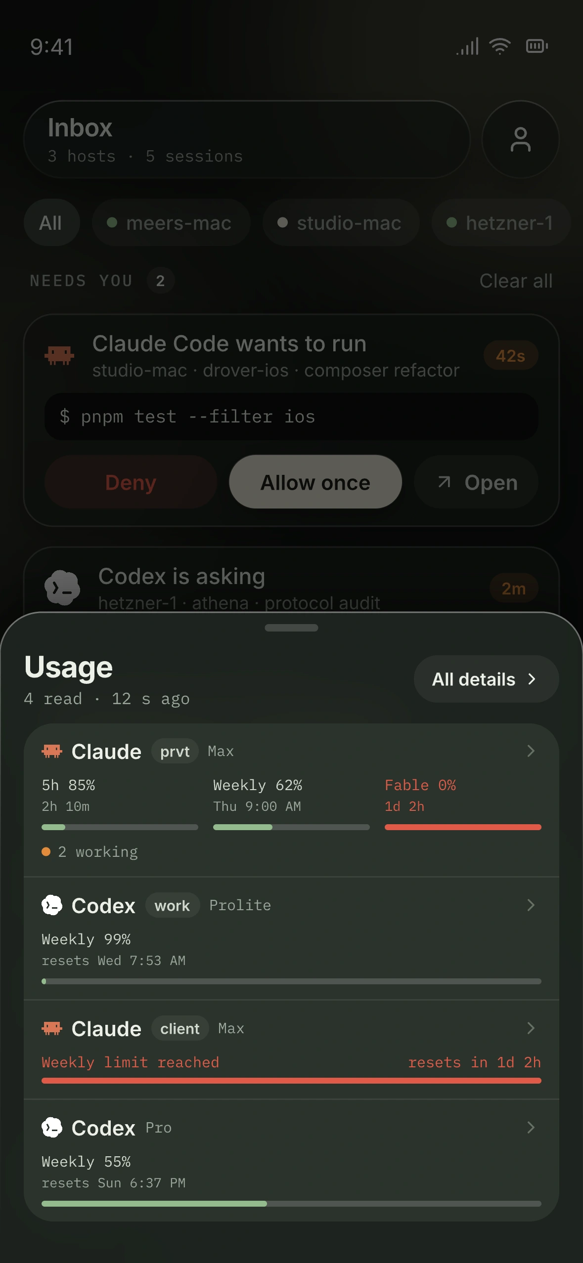 Usage sheet design preview with remaining capacity across Claude and Codex accounts