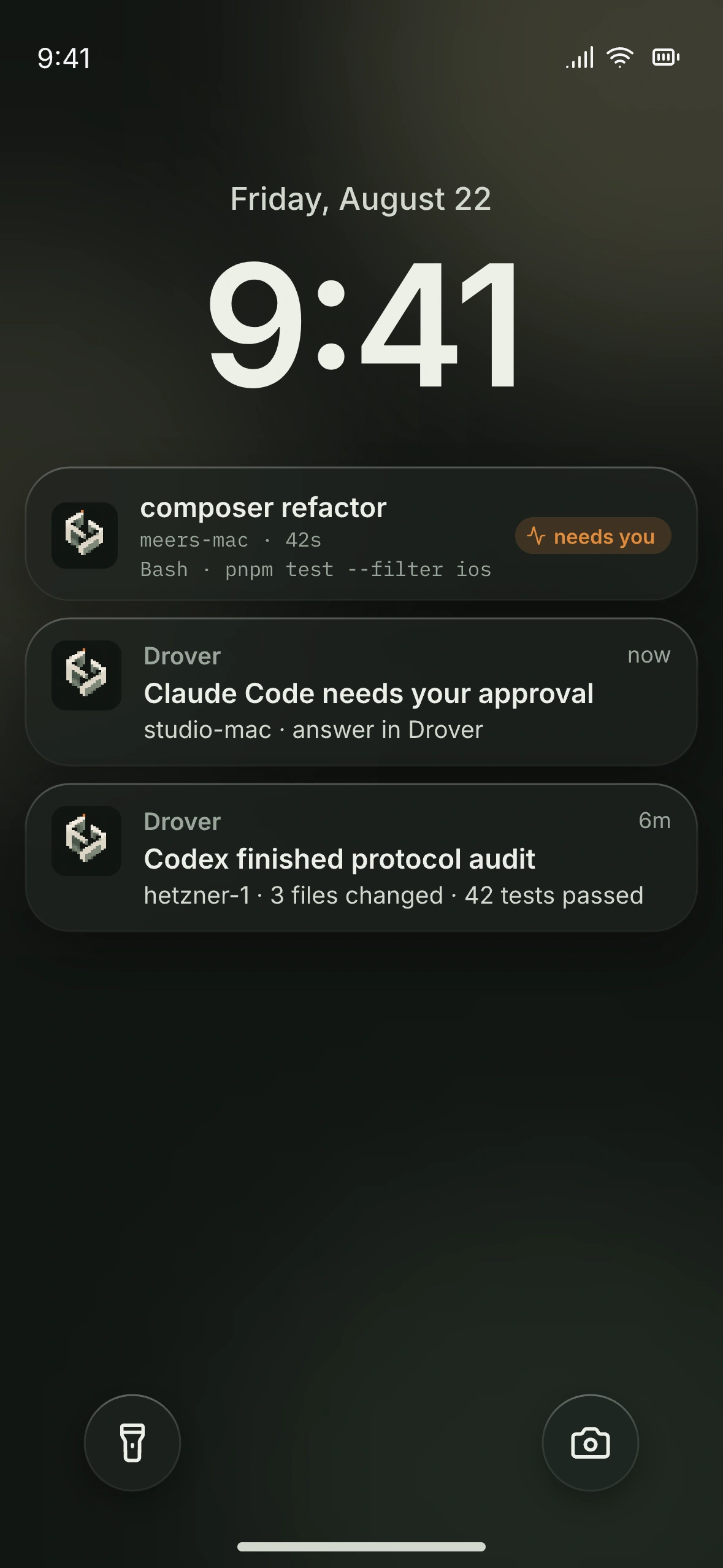 iPhone Lock Screen design preview with a Drover Live Activity and two notifications