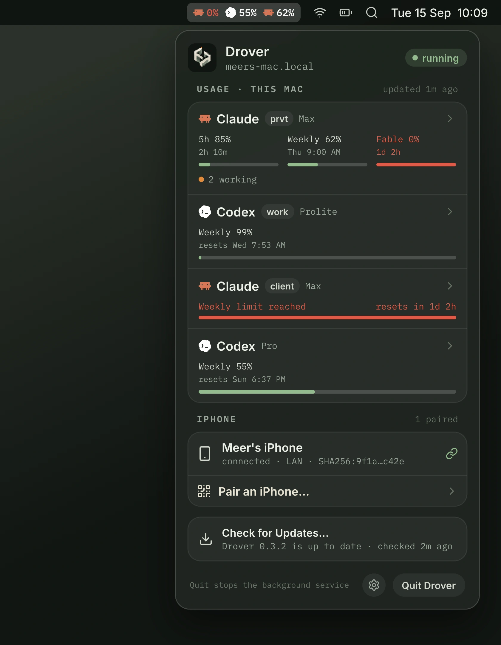 Drover for Mac design preview: the menu bar item shows percent left per login, and the open menu lists usage, the paired iPhone, and host health