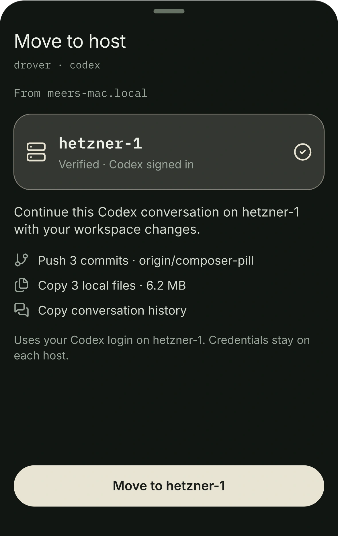 Move to host sheet design preview: destination hetzner-1, with the commits, files, and history that will move