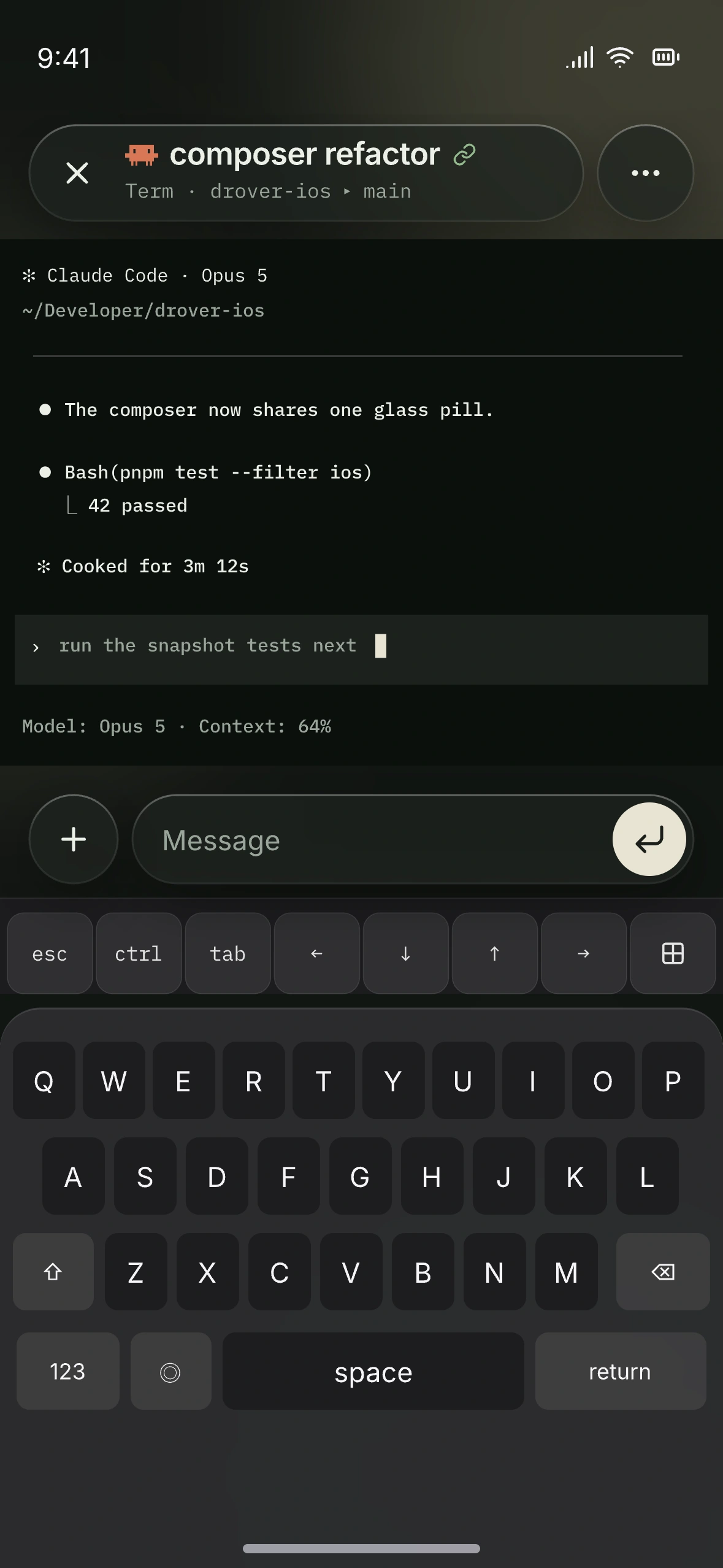 Terminal design preview: a Claude Code session with the Message composer, accessory keys, and iPhone keyboard