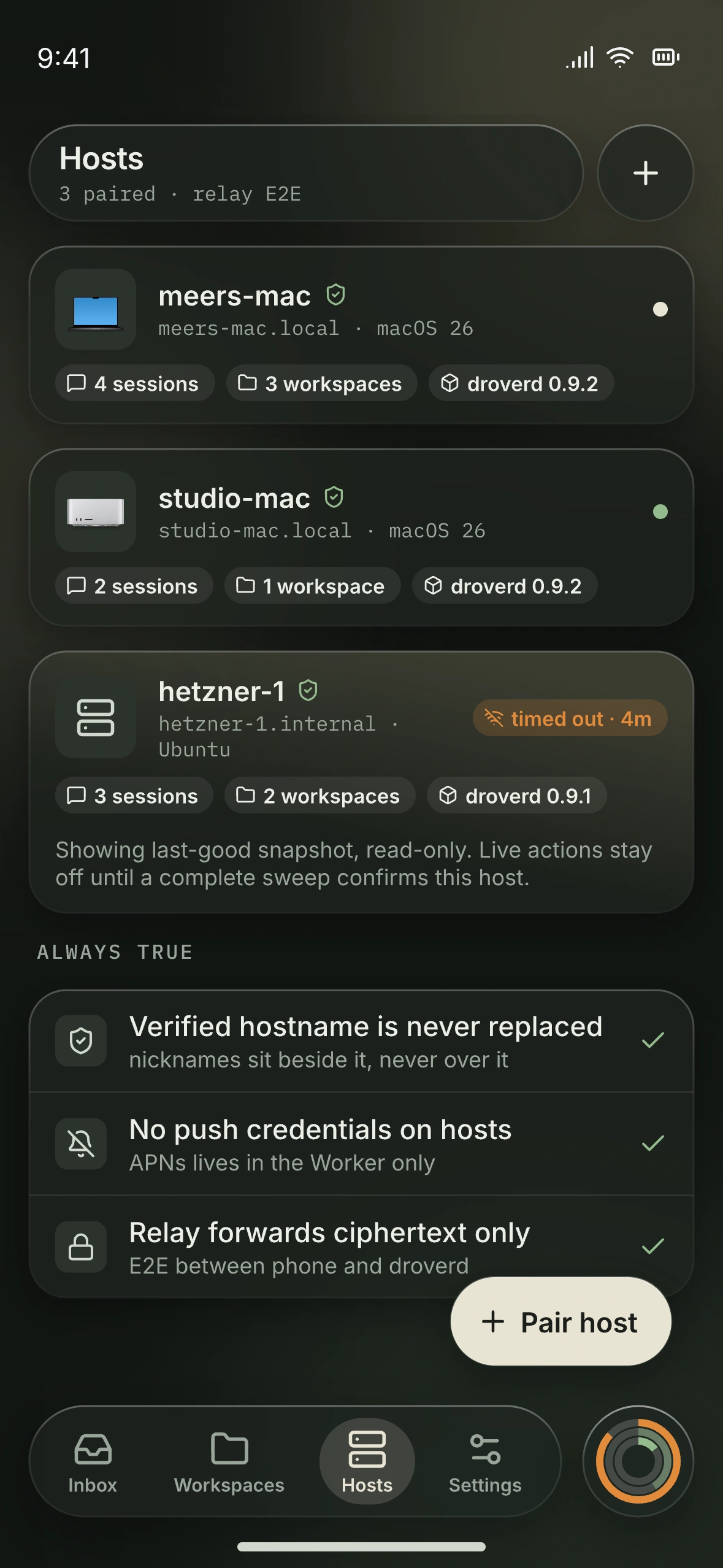 Hosts interface design preview on iPhone, showing paired Mac and Linux machines with verified identities